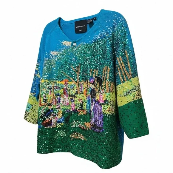 MICHAEL SIMON Vintage Seurat Sunday Afternoon sequined button front cardigan 3X - Picture 3 of 15